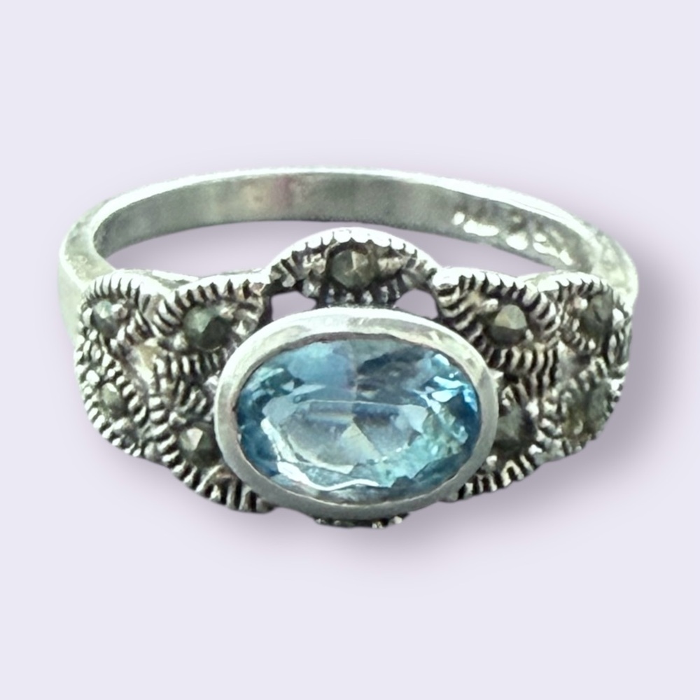 Vintage Stamped 925 Sterling Silver, Blue Topaz, and Marcasite Ring Size 5.5